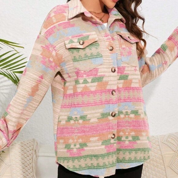 Pink Casual Womens Allover Print Drop Shoulder Flap Pocket Coat - Picture 3 of 5